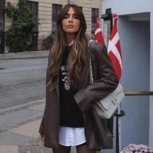 Zara Brown Leather Oversized Blazer - Size Medium